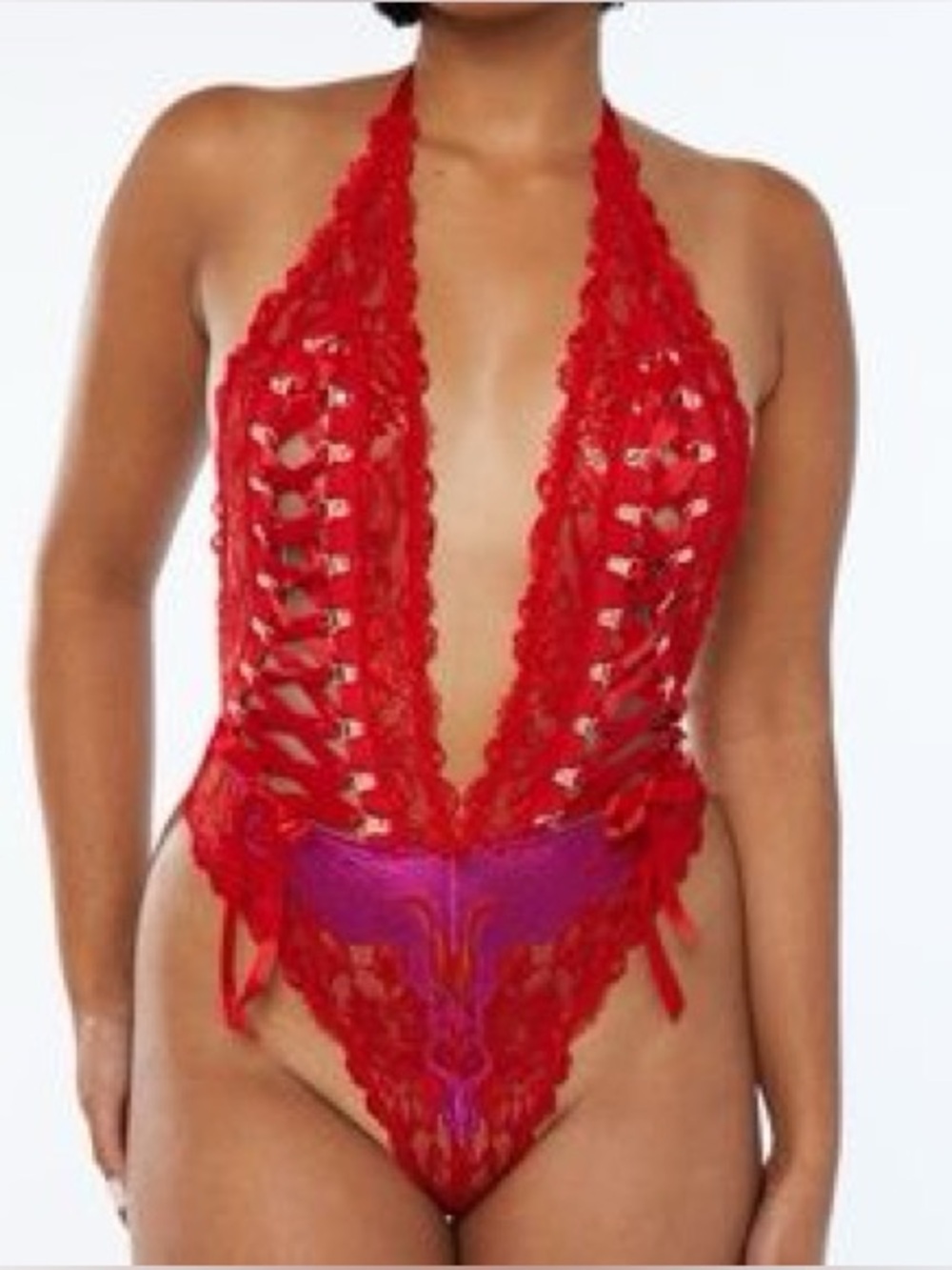 Savage X Fenty size XS corset lace up Red Lace Plunge Halter Teddy Bodysuit